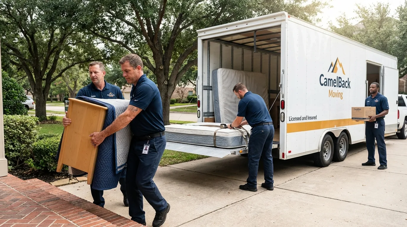 Crew loading residential truck for cross-state move from Saint Hedwig, TX