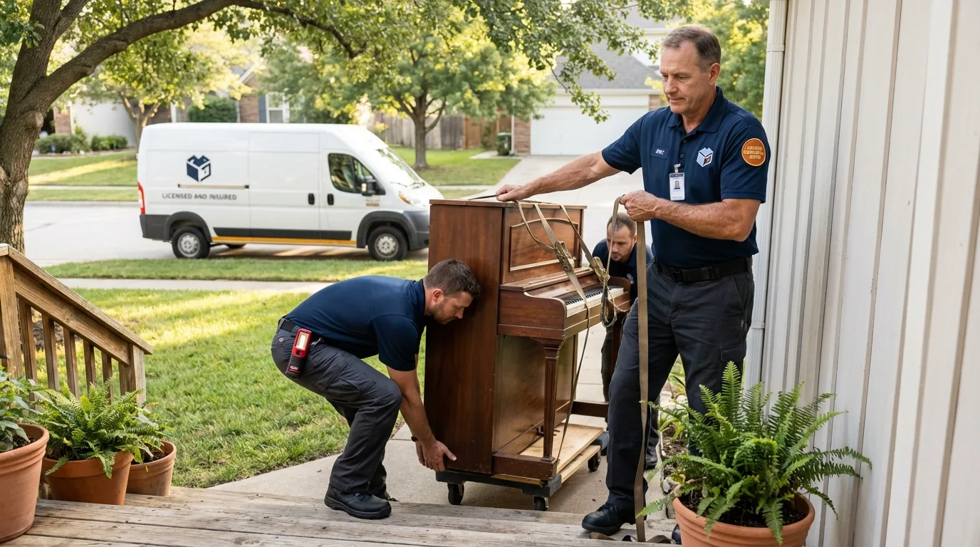 Licensed piano movers securing grand piano in Saint Hedwig, TX