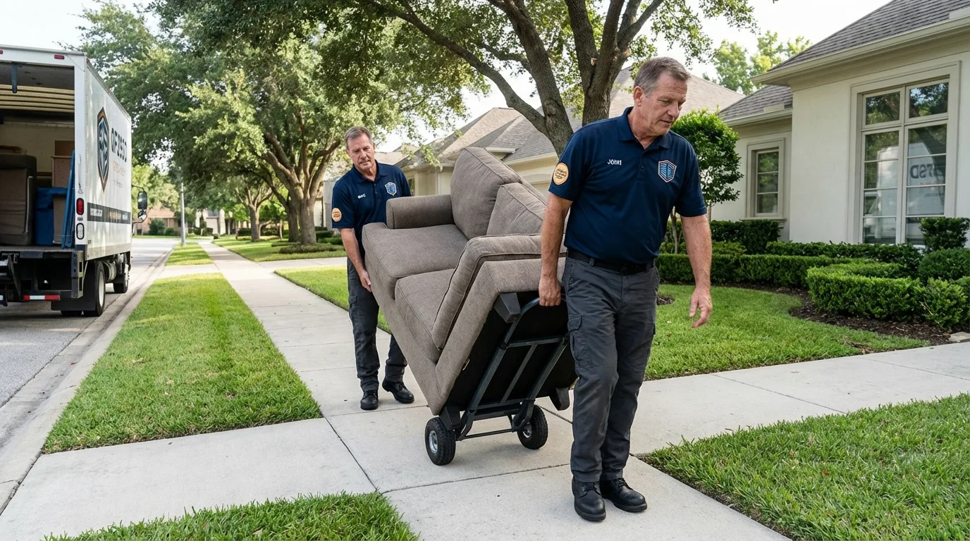 Local residential moving crew loading furniture in Saint Hedwig, TX