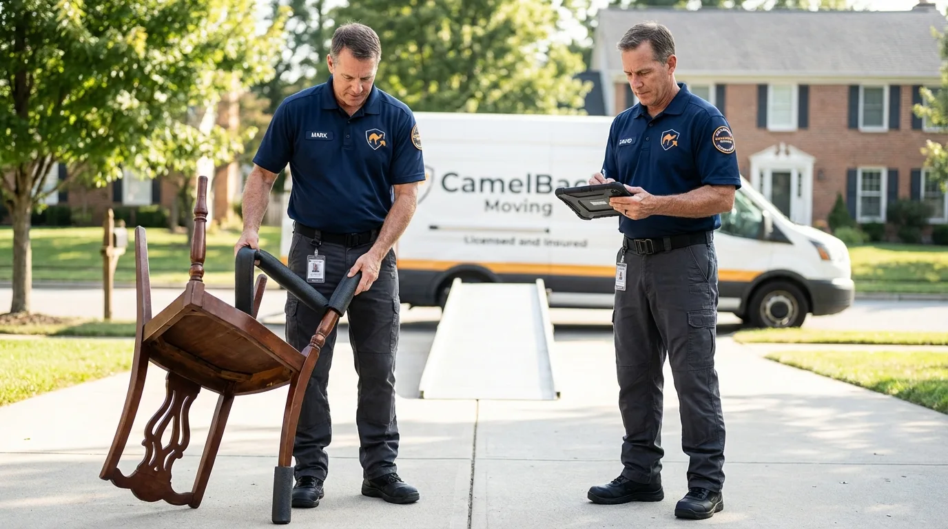 Movers inspecting furniture for damage prevention before loading in Saint Hedwig, TX