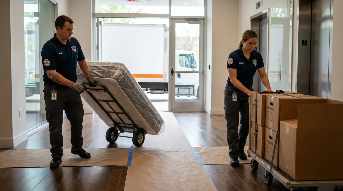 Professional apartment movers loading elevator in Saint Hedwig, TX