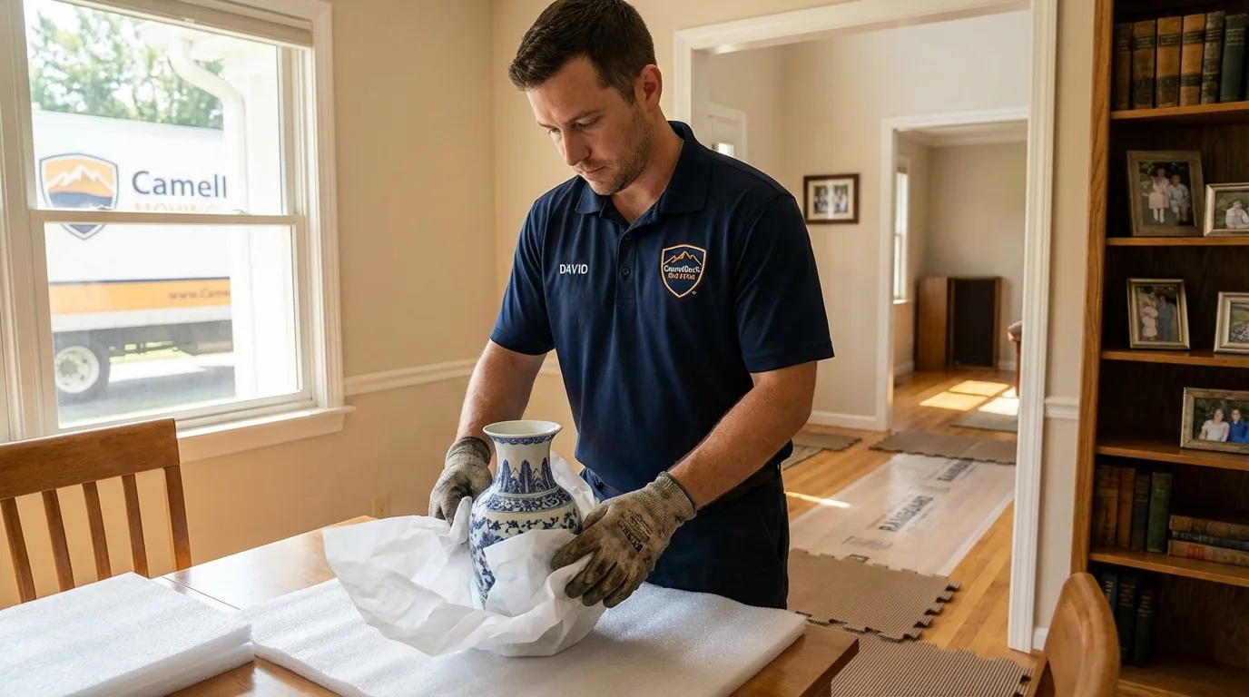 Professional crew carefully wrapping antique vase for senior downsizing move in Saint Hedwig, TX